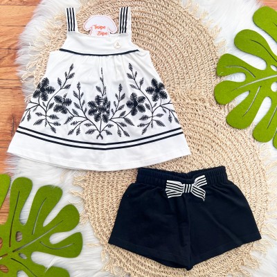 Conj. Batinha Flores e Short com Lacinho - Preto e Off White